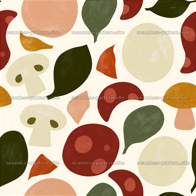 Seamless pizza toppings pattern with mushrooms, peppers, and greens — seamless tileable pattern