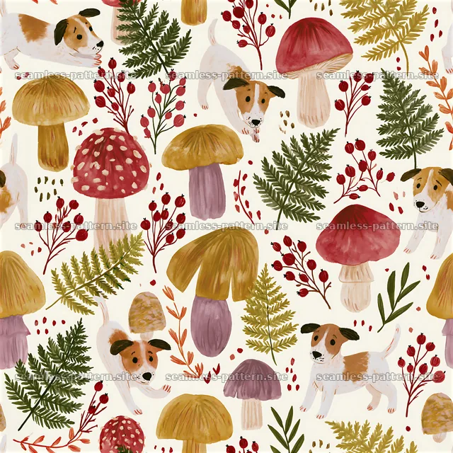 Colorful seamless pattern with puppies, mushrooms, and ferns — seamless tileable pattern