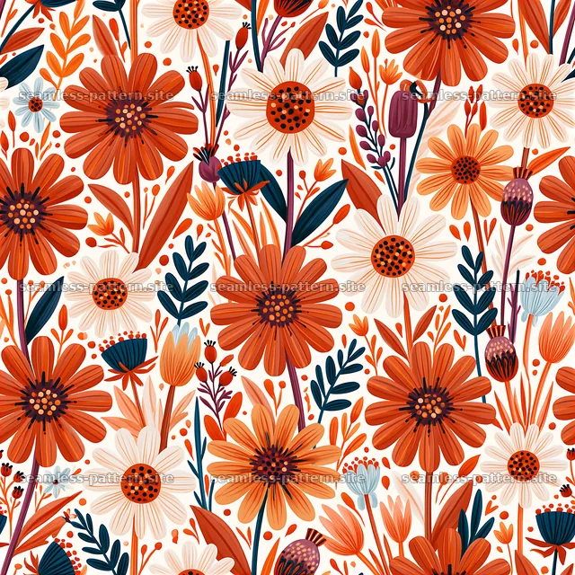 Colorful Daisy Seamless Pattern with Orange Wildflowers — seamless tileable pattern