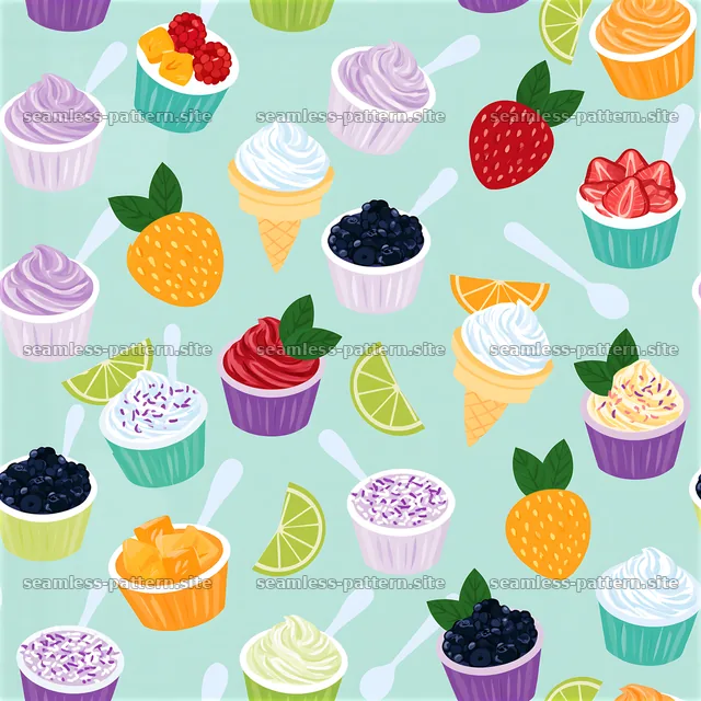 Colorful ice cream seamless pattern with fruit cups — seamless tileable pattern