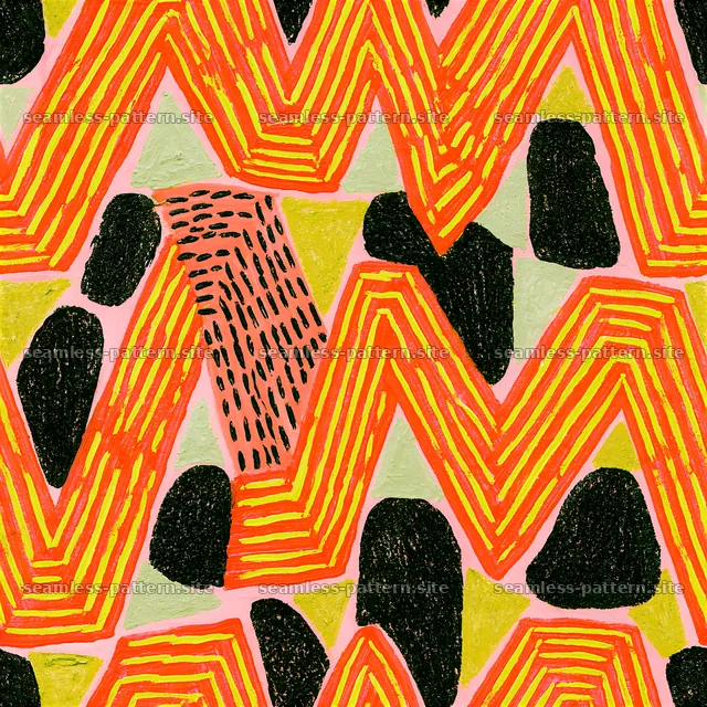 Bold abstract pattern with lines and shapes in black, red, and gold — seamless tileable pattern