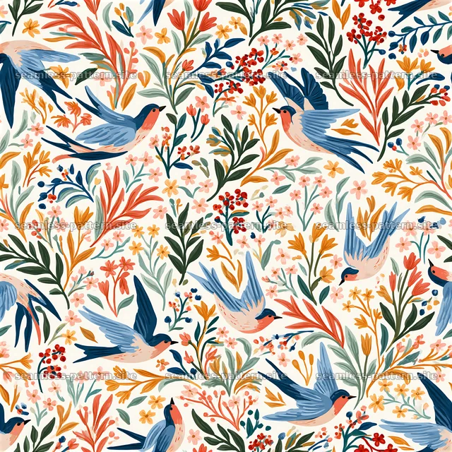 Colorful Vintage Bird and Floral Seamless Pattern — seamless tileable pattern