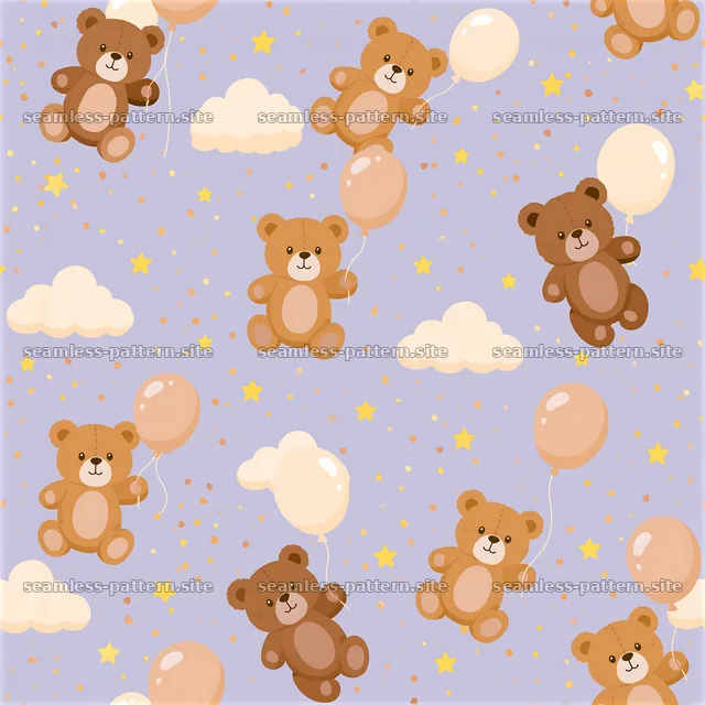 Cute teddy bear seamless pattern with balloons on a light purple — seamless tileable pattern