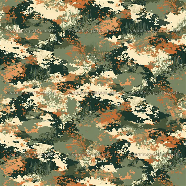 Repeat pattern with woodland camouflage patches in earthy tones — seamless tileable pattern