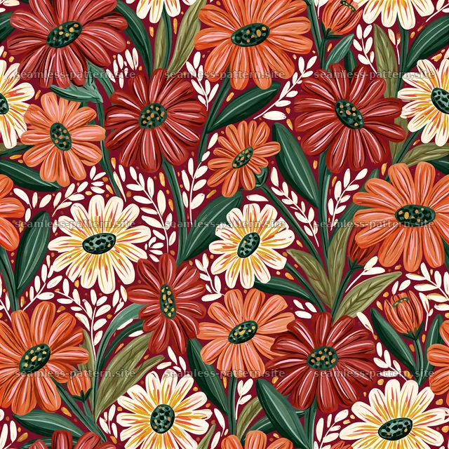 Colorful floral seamless pattern with daisies on a dark background — seamless tileable pattern