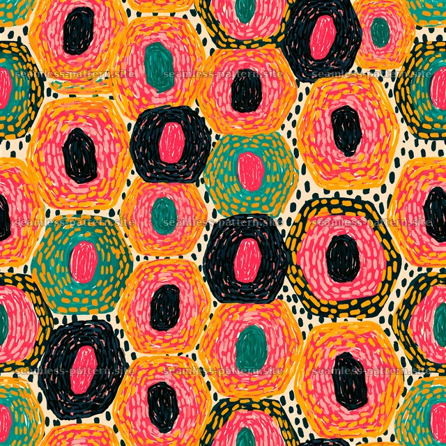 Colorful hexagon seamless pattern in red, black, and gold tones — seamless tileable pattern