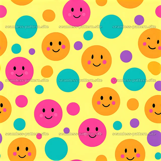 Polka dots with smiling faces in cheerful colors on a yellow background — seamless tileable pattern