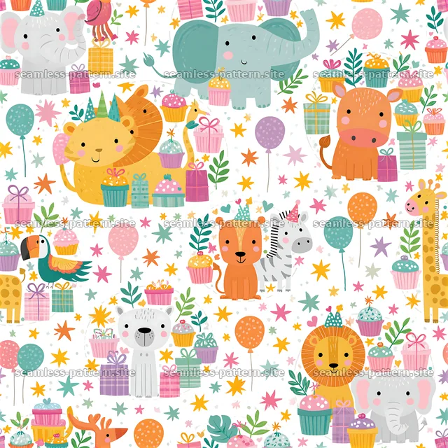 Colorful animals with gifts and balloons in a seamless pattern — seamless tileable pattern