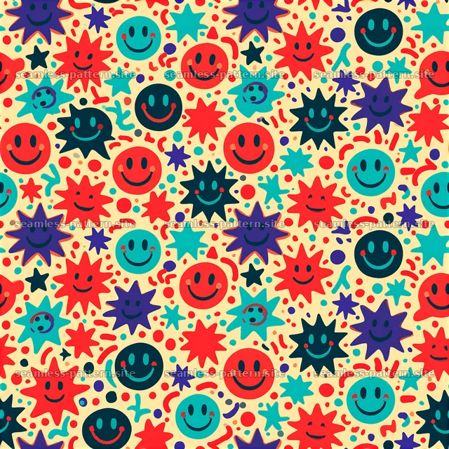 Colorful smiley faces and stars on a light background seamless pattern — seamless tileable pattern