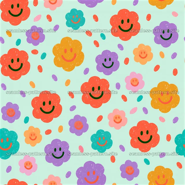 Rainbow smiley flowers seamless pattern with colorful details — seamless tileable pattern