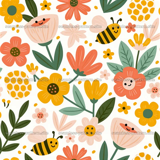 Colorful floral design with bees and smiling flowers in a pattern — seamless tileable pattern
