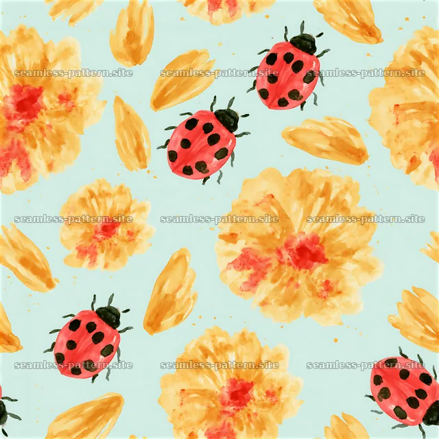 Seamless watercolor ladybug pattern with flowers for surface design — seamless tileable pattern