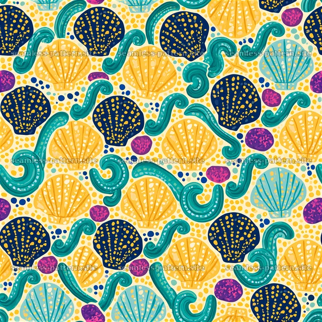 Colorful Ocean Shell and Wave Seamless Pattern — seamless tileable pattern
