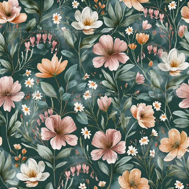 Tileable watercolor muted flower pattern with pink and white blooms — seamless tileable pattern
