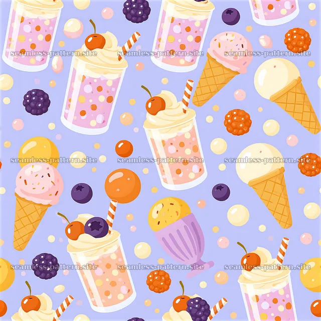 Colorful Ice Cream Seamless Pattern with Fruit and Sprinkles — seamless tileable pattern