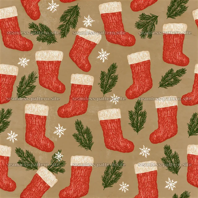 Red Christmas stockings with snowflakes and pine branches design — seamless tileable pattern