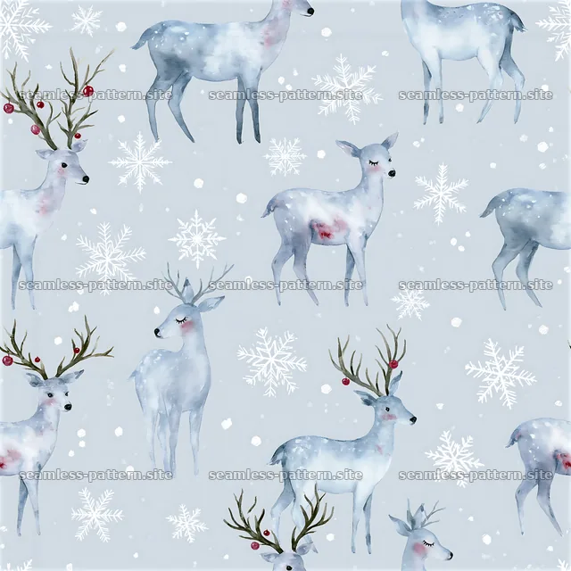 Seamless watercolor deer pattern with snowflakes on a soft gray background — seamless tileable pattern