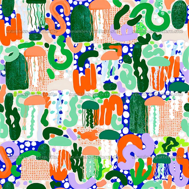 Colorful abstract seamless pattern with jellyfish and organic shapes — seamless tileable pattern