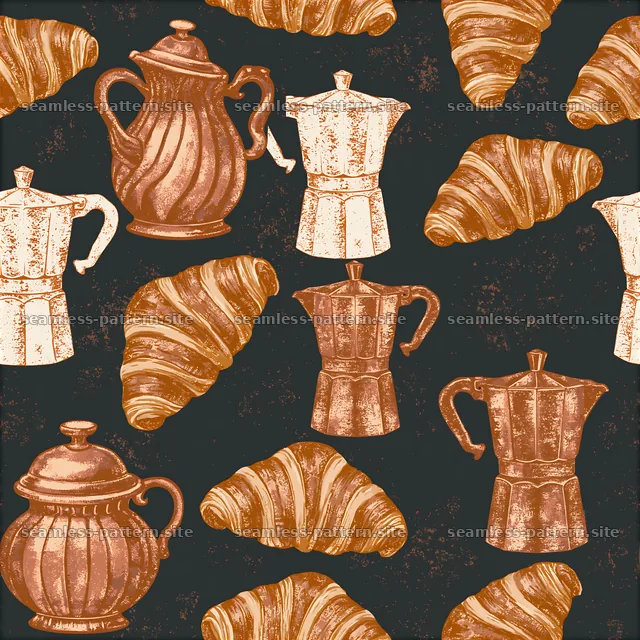 Coffee Pots and Croissants Vintage Seamless Pattern — seamless tileable pattern