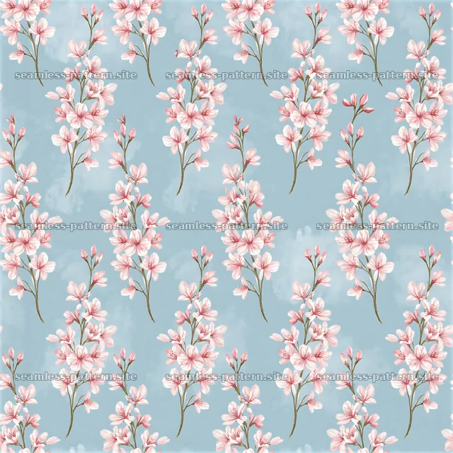 Seamless watercolor cherry blossom pattern on soft blue background — seamless tileable pattern
