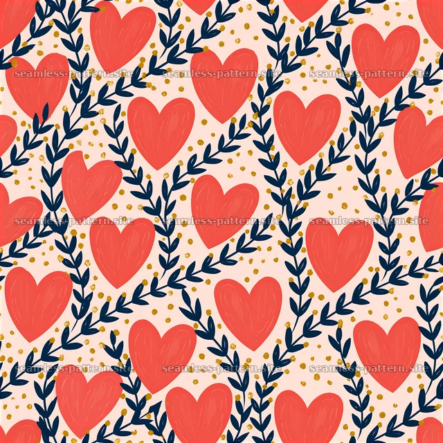 Coral Heart and Navy Botanical Seamless Pattern — seamless tileable pattern