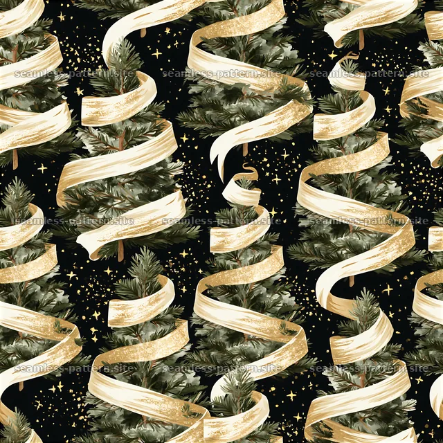 Ribbon-wrapped Christmas trees on a dark background seamless pattern — seamless tileable pattern