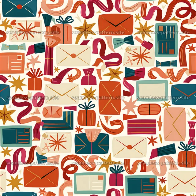 Colorful pattern with gifts, envelopes, and decorative elements — seamless tileable pattern