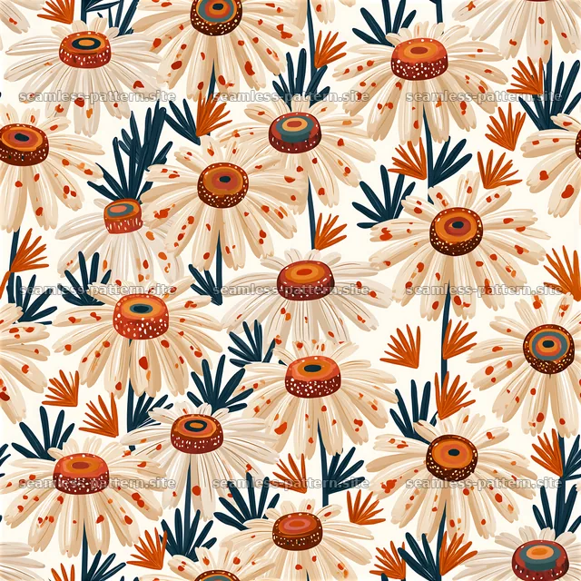 Funky daisy seamless pattern with warm tones and dark accents — seamless tileable pattern