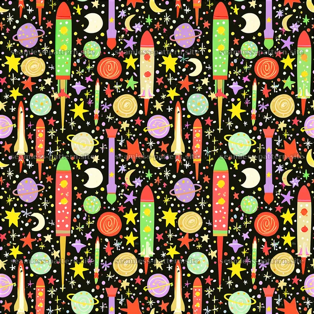 Colorful Space Rocket and Planet Seamless Pattern — seamless tileable pattern