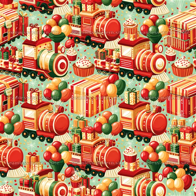Colorful birthday train seamless pattern with gifts and balloons — seamless tileable pattern