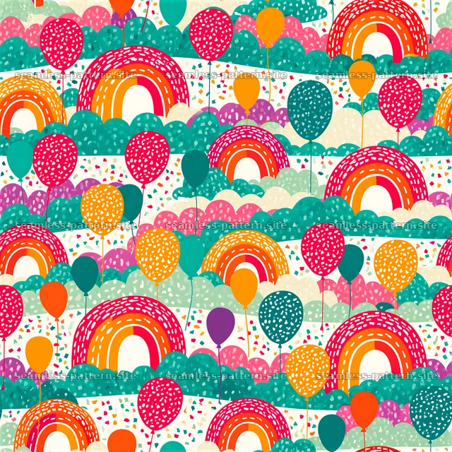 Birthday Rainbow and Balloon Celebration Seamless Pattern — seamless tileable pattern