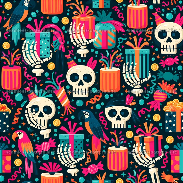 Colorful party elements with pirates, gifts, and skulls in pattern — seamless tileable pattern