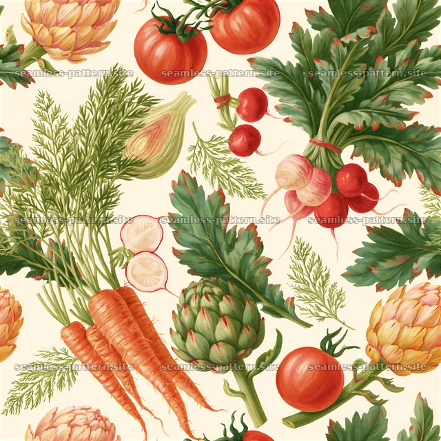 Colorful kitchen seamless pattern featuring fresh vegetables and herbs — seamless tileable pattern