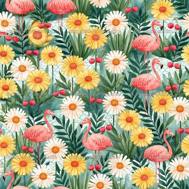Flamingos and flowers in colorful seamless pattern — seamless tileable pattern