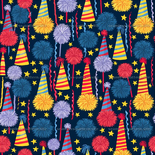 Colorful party hats and pom-poms in a cheerful seamless pattern — seamless tileable pattern