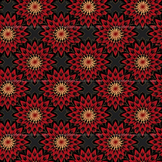 Geometric flower pattern in black, red, and gold colors — seamless tileable pattern
