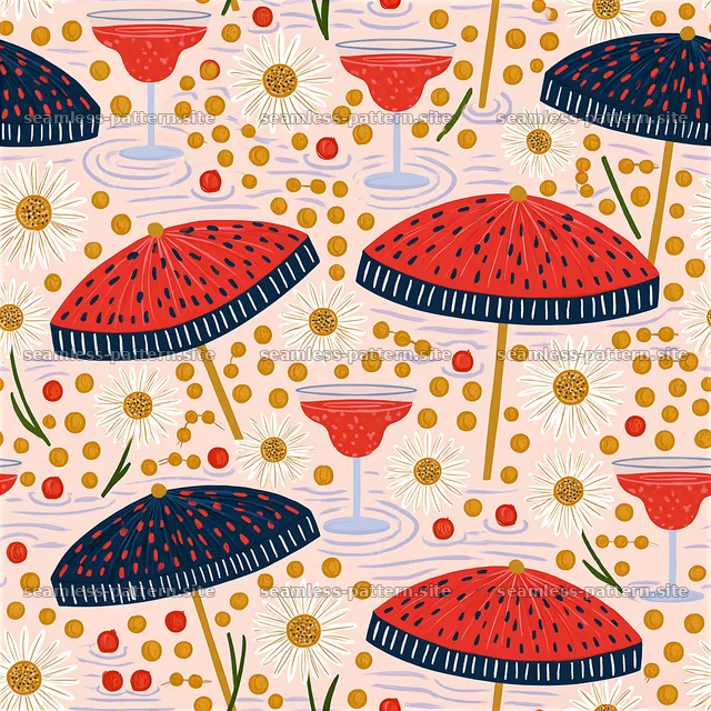 Colorful design of umbrellas and drinks in a summer pattern — seamless tileable pattern