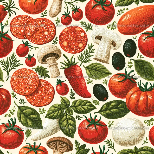 Seamless pattern with tomatoes, mushrooms and herbs — seamless tileable pattern