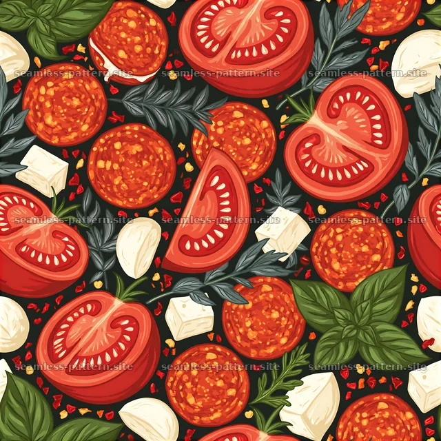 Colorful seamless pattern of pizza ingredients on dark background — seamless tileable pattern