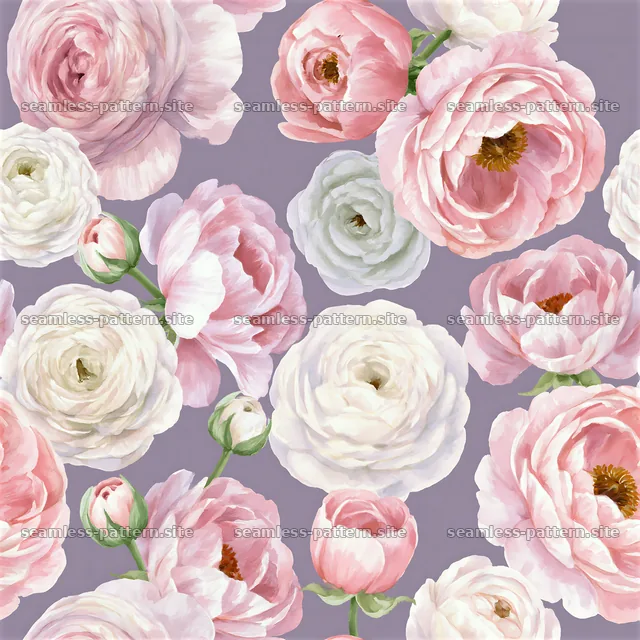 Repeat watercolor ranunculus pattern on soft lavender background — seamless tileable pattern