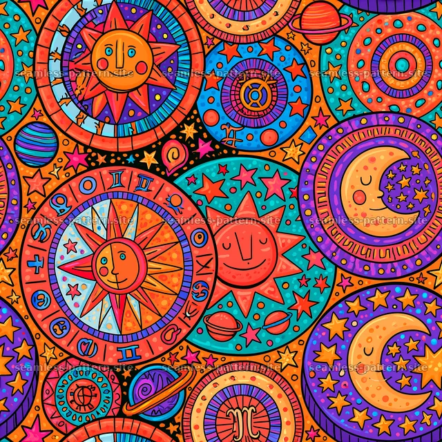 Colorful astrology seamless pattern with celestial elements — seamless tileable pattern