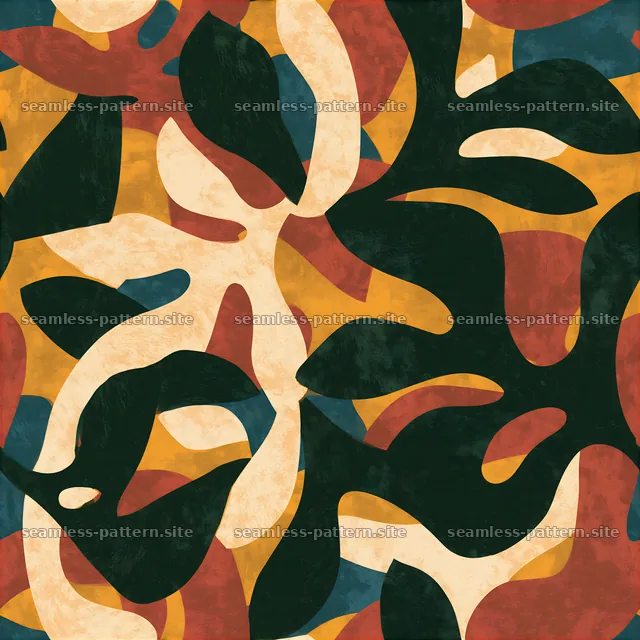 Repeating pattern with leafy camouflage forms in earthy colors — seamless tileable pattern