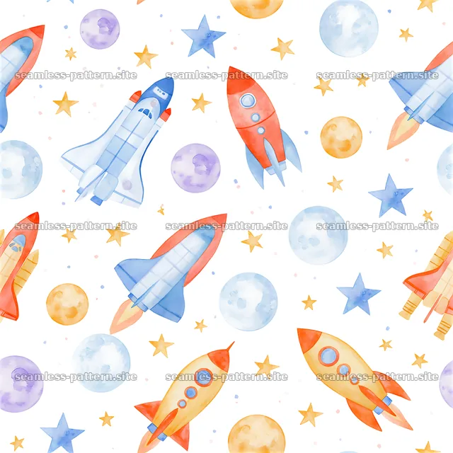 Colorful Rockets and Planets Seamless Pattern — seamless tileable pattern