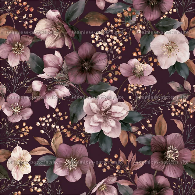 Watercolor floral repeating pattern on dark background — seamless tileable pattern
