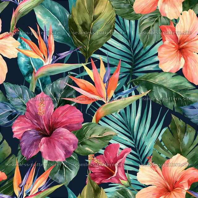 Watercolor floral repeat pattern with vibrant flowers and green leaves — seamless tileable pattern