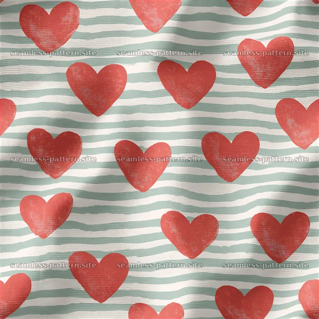 Seamless heart and stripe pattern featuring red hearts on light — seamless tileable pattern