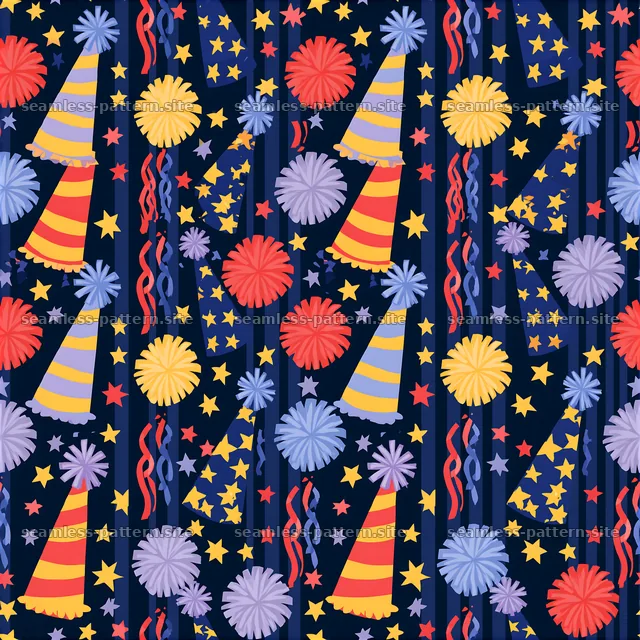 Colorful Birthday Party Hats and Confetti Seamless Pattern — seamless tileable pattern