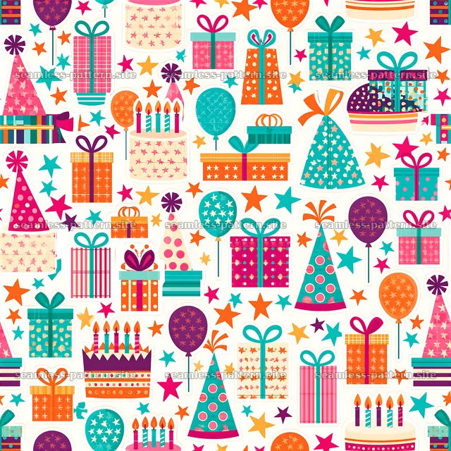 Colorful Birthday Party Gift and Cake Seamless Pattern — seamless tileable pattern