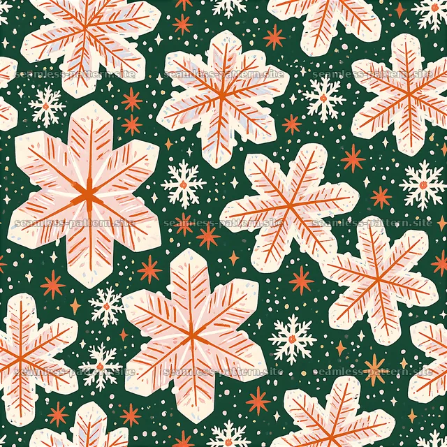 Festive snowflake pattern with stars and dots on a dark background — seamless tileable pattern