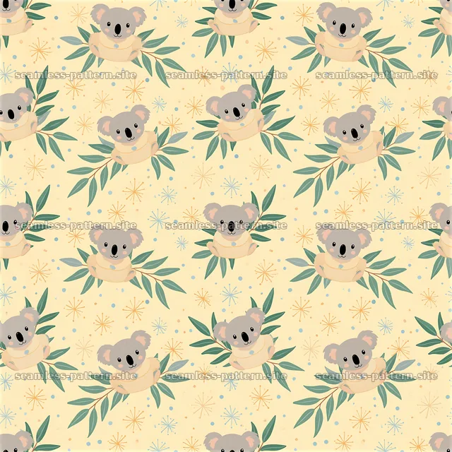 Cute koalas in a seamless pattern with leaves and stars — seamless tileable pattern